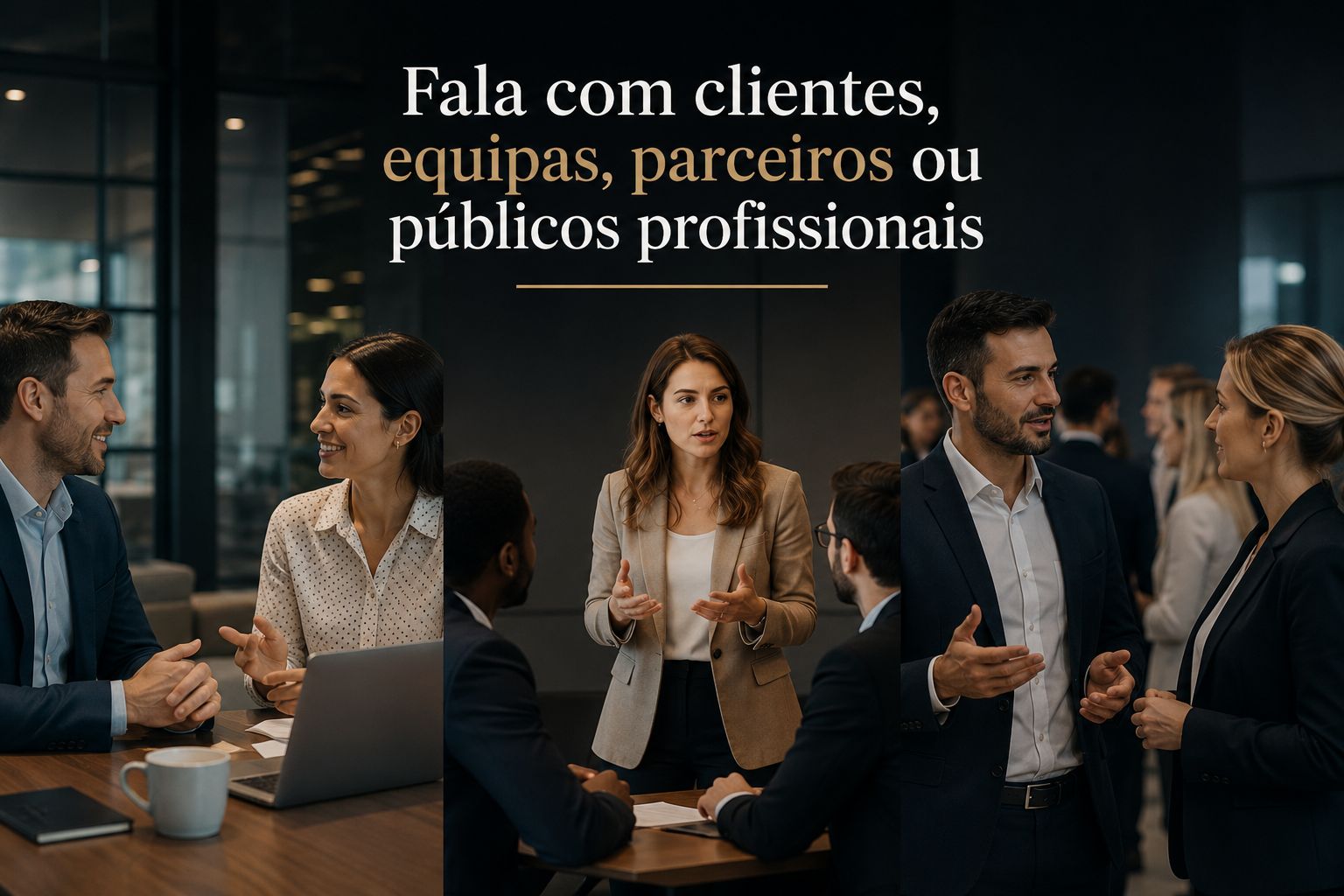 Fala com clientes, equipas, parceiros ou públicos profissionais.